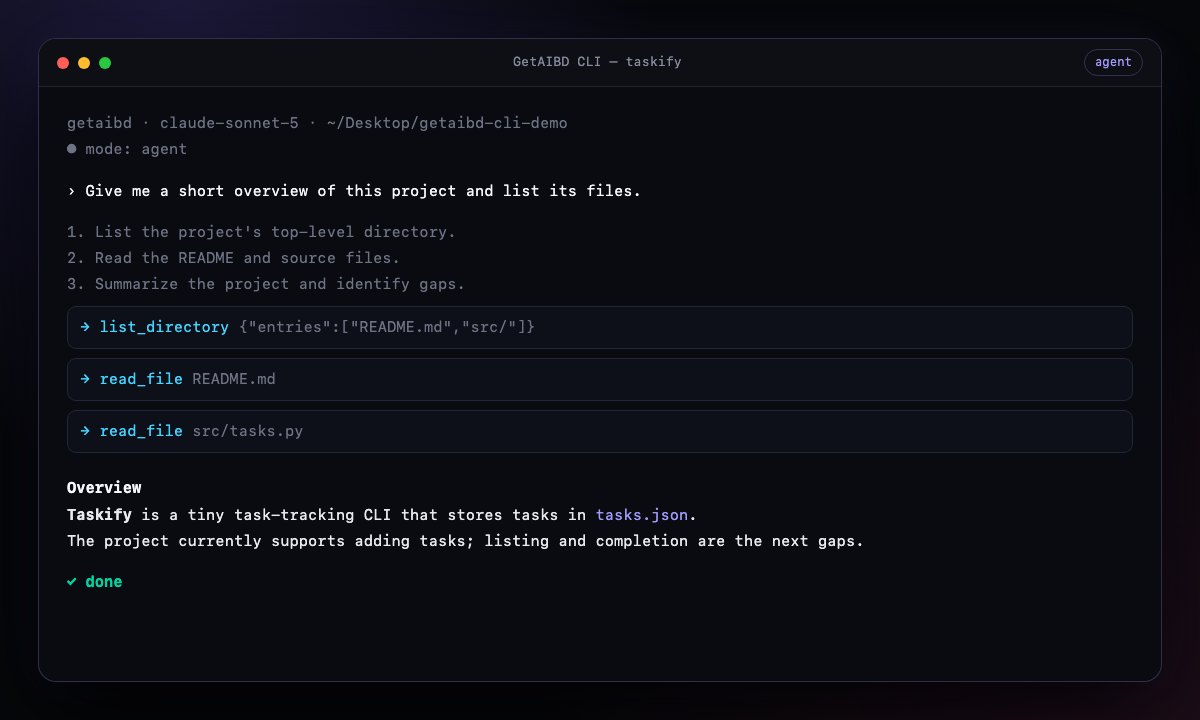 A AI Doer CLI session mid-task