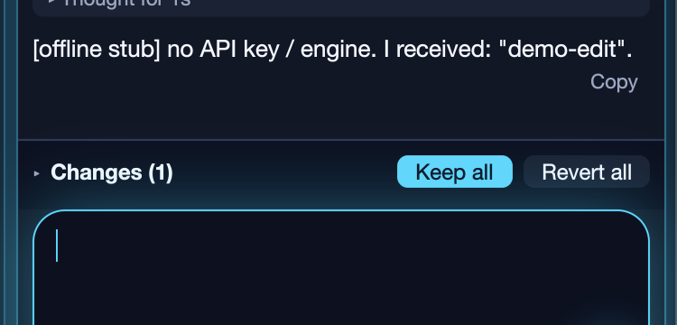The Changes list with Keep all / Revert all