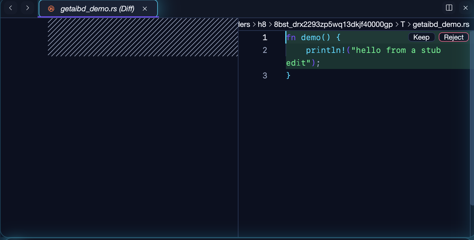 Agent edit diff with per-hunk Keep / Reject